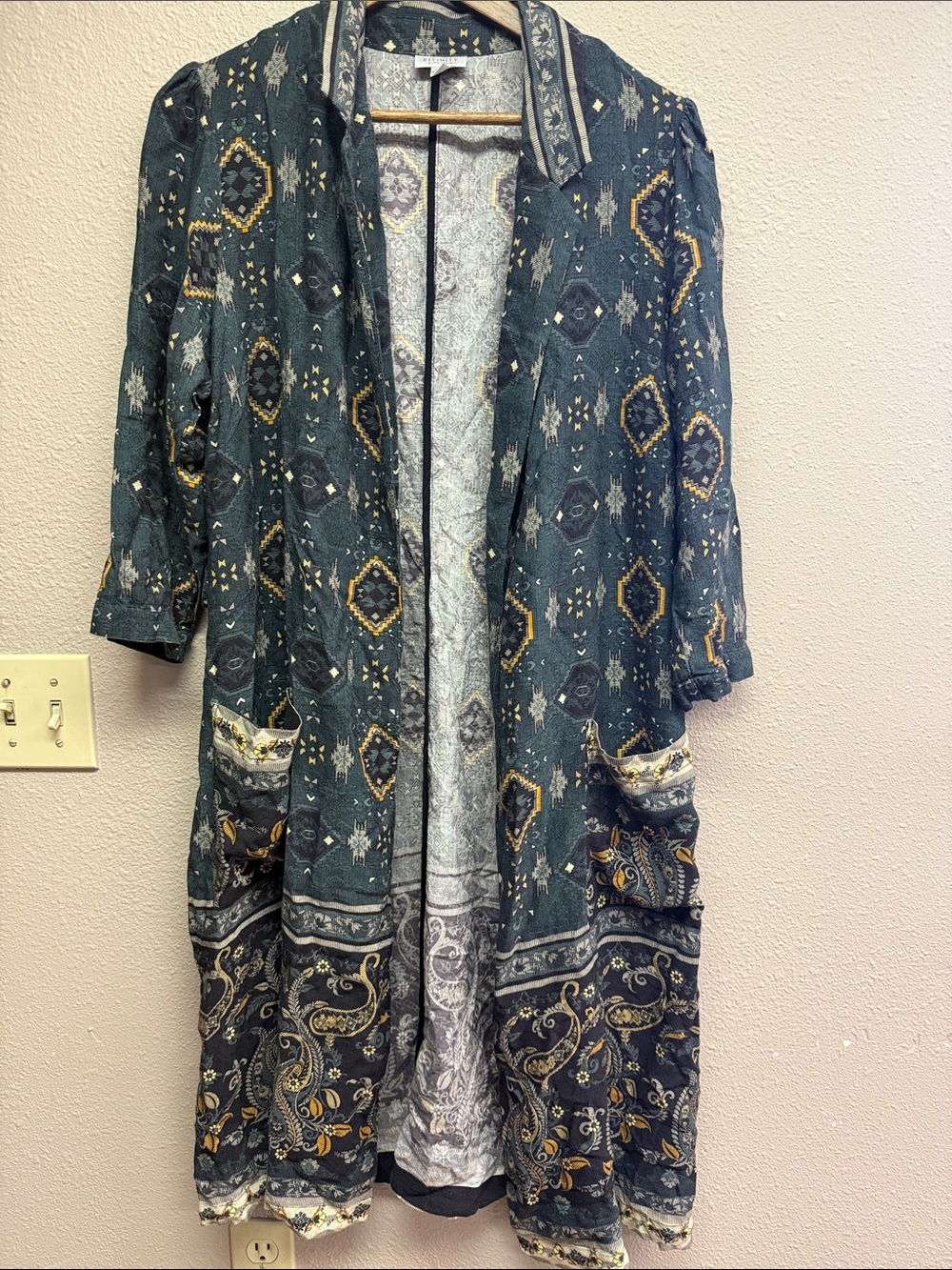 City Chic Teal & Gold Patterned Long duster